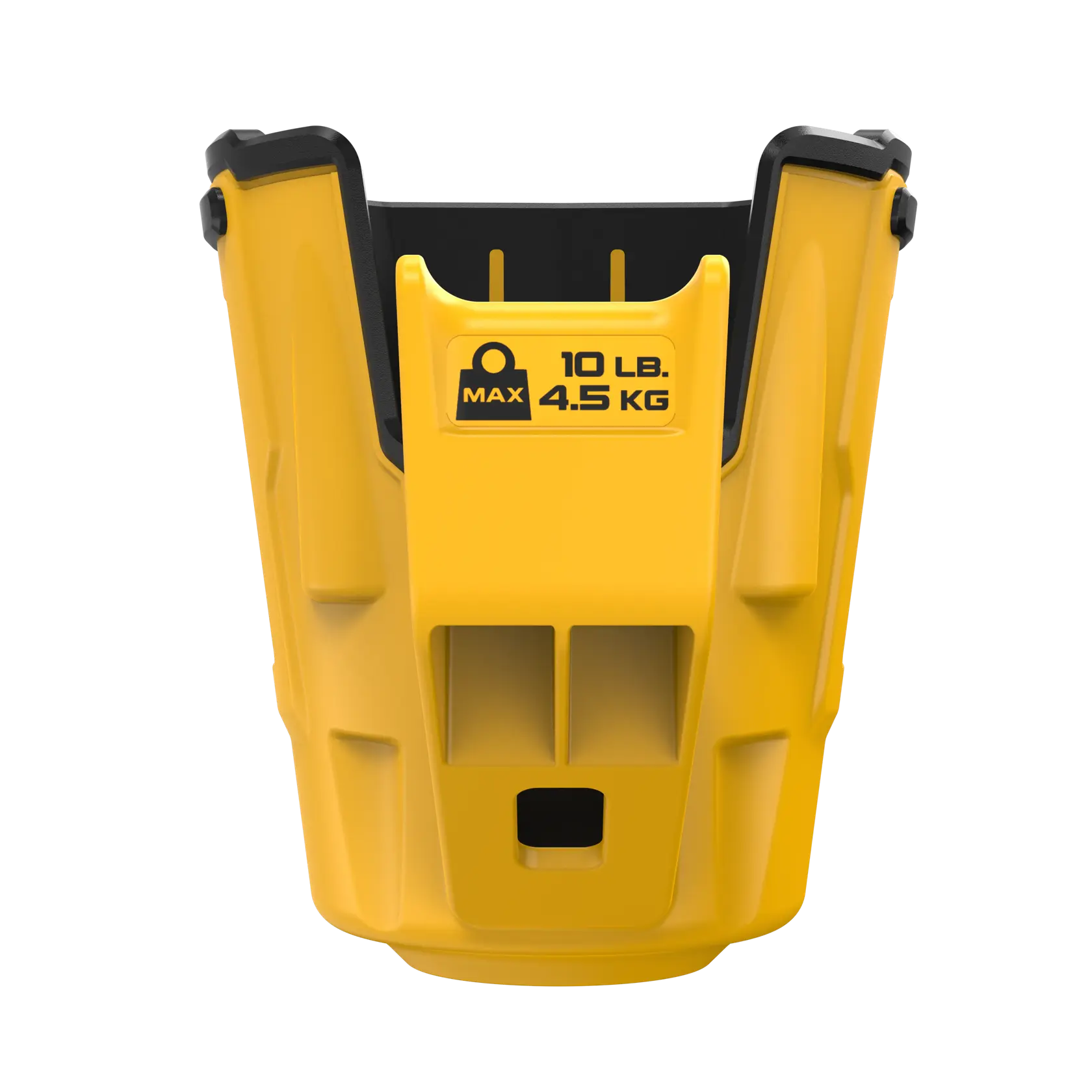 Vista frontal de um acessório de ferramenta amarelo DEWALT com interior preto. O acessório possui uma etiqueta de capacidade máxima indicando 'MAX 10 LB. 4,5 KG'.