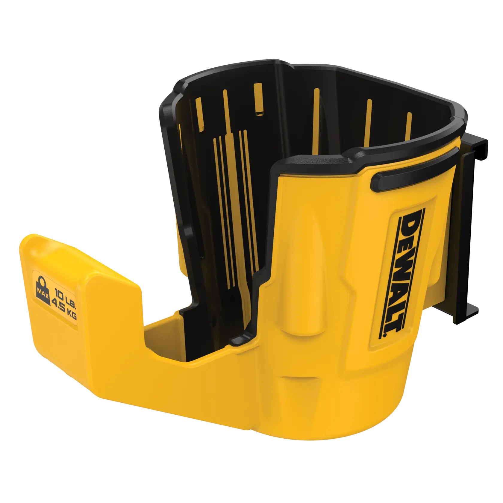 Um suporte de ferramentas DEWALT amarelo e preto feito de plástico resistente, projetado para suportar até 10 lb (4,5 kg). O suporte possui o logotipo DEWALT e tem um formato aberto e contornado para segurar ferramentas ou acessórios de forma segura.