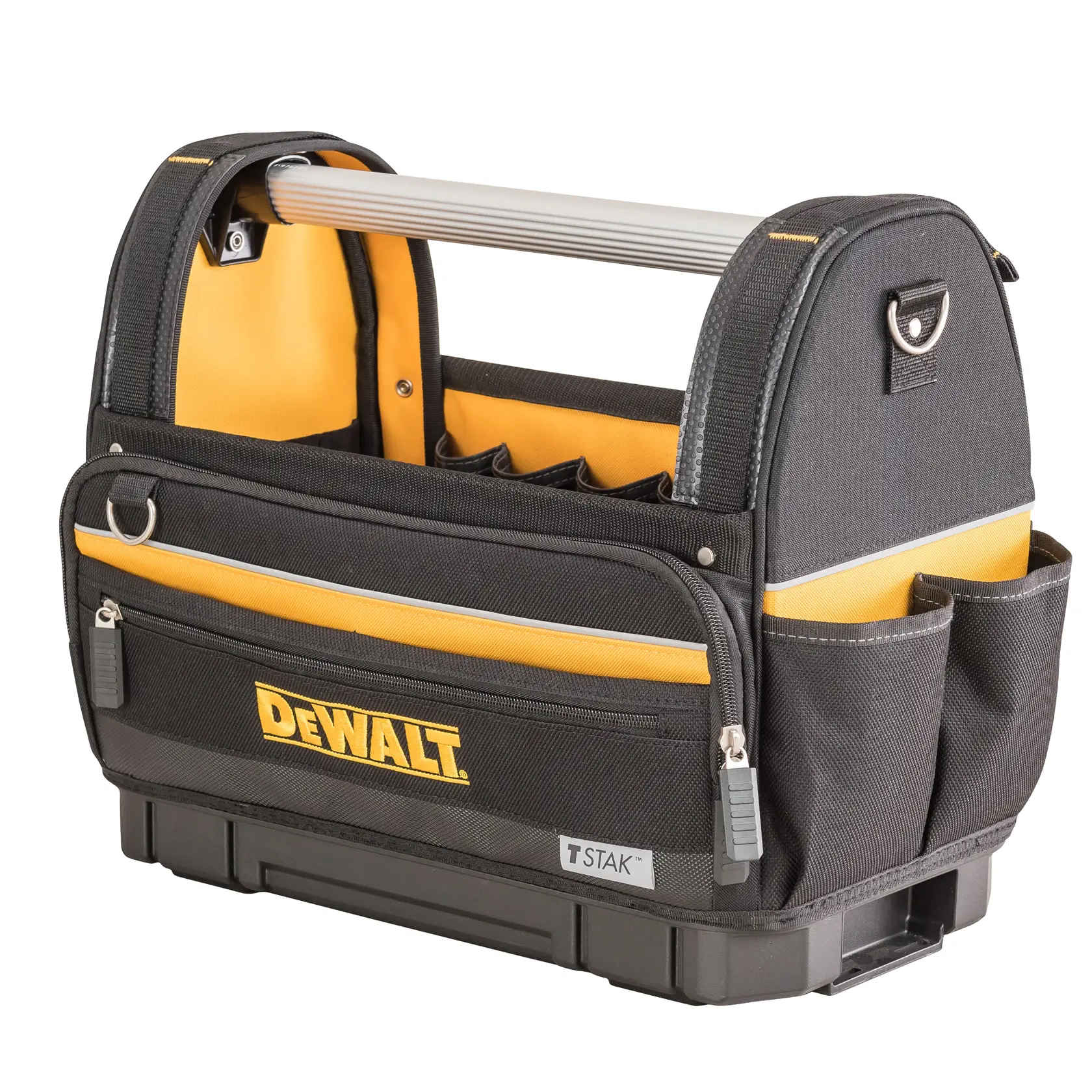 Uma bolsa para ferramentas preta e amarela da marca DEWALT com vários bolsos, alça resistente e compartimentos com zíper. A bolsa é projetada para organizar e transportar ferramentas.