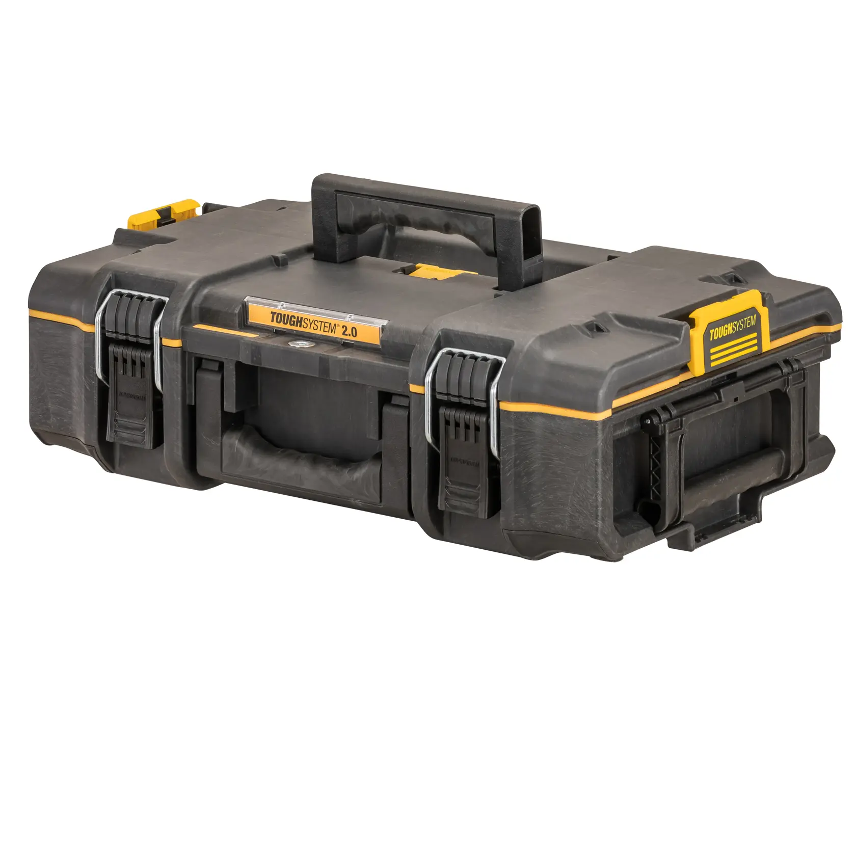 Caixa de ferramentas DEWALT ToughSystem 2.0 feita de plástico preto resistente com detalhes em amarelo, possui travas seguras e alças na parte superior e frontal para fácil transporte e empilhamento.