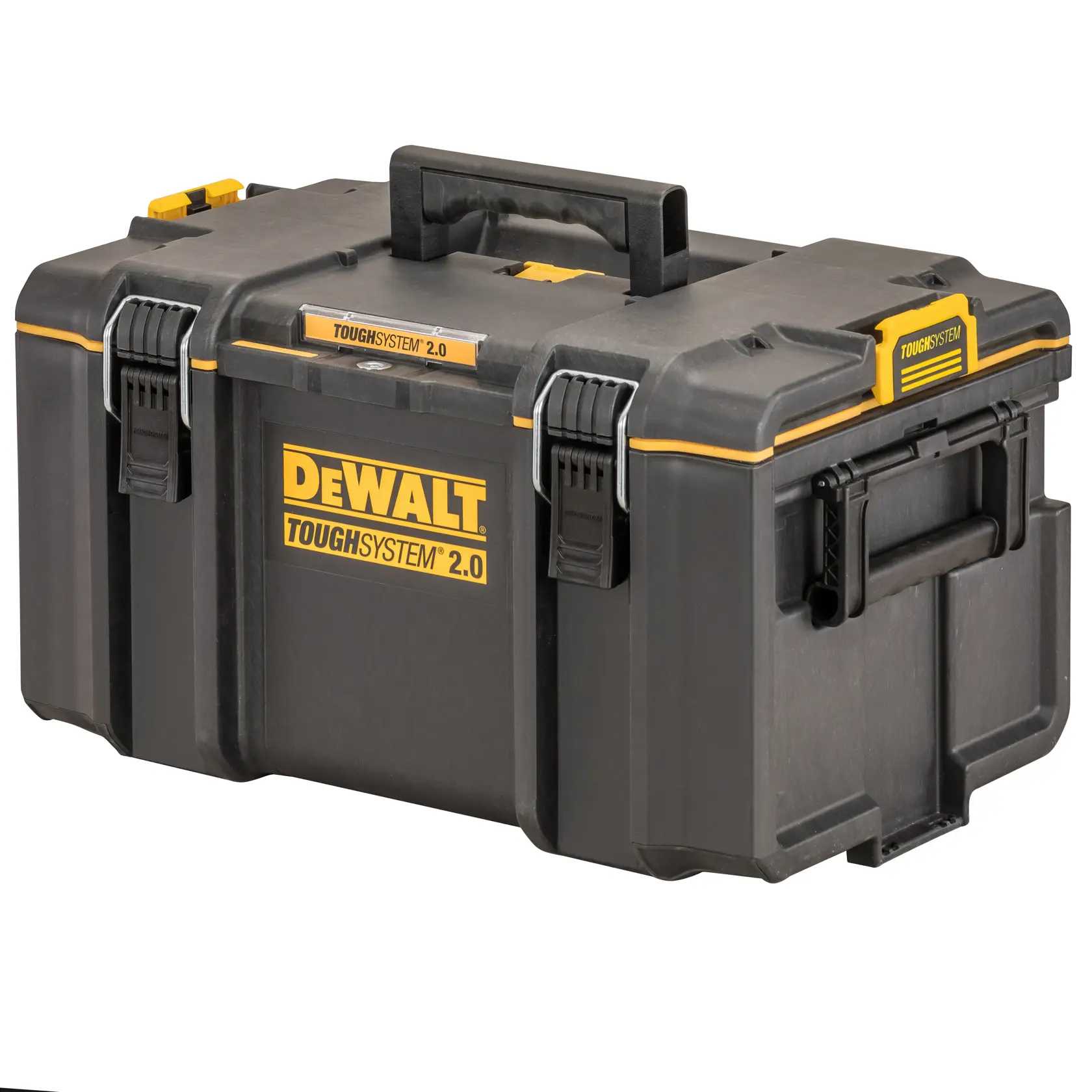 Caixa de ferramentas DEWALT ToughSystem 2.0 preta e amarela com alças fortes e travas seguras.