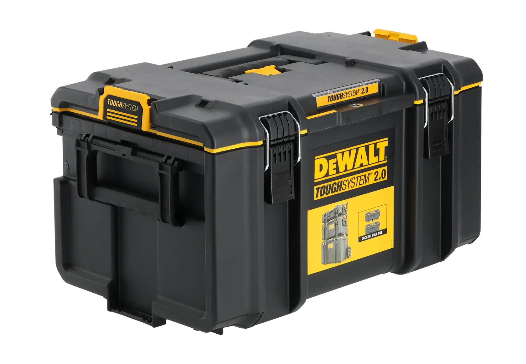 Caixa de ferramentas DEWALT TOUGHSYSTEM 2.0 preta e amarela com alça e travas, sobre fundo branco.