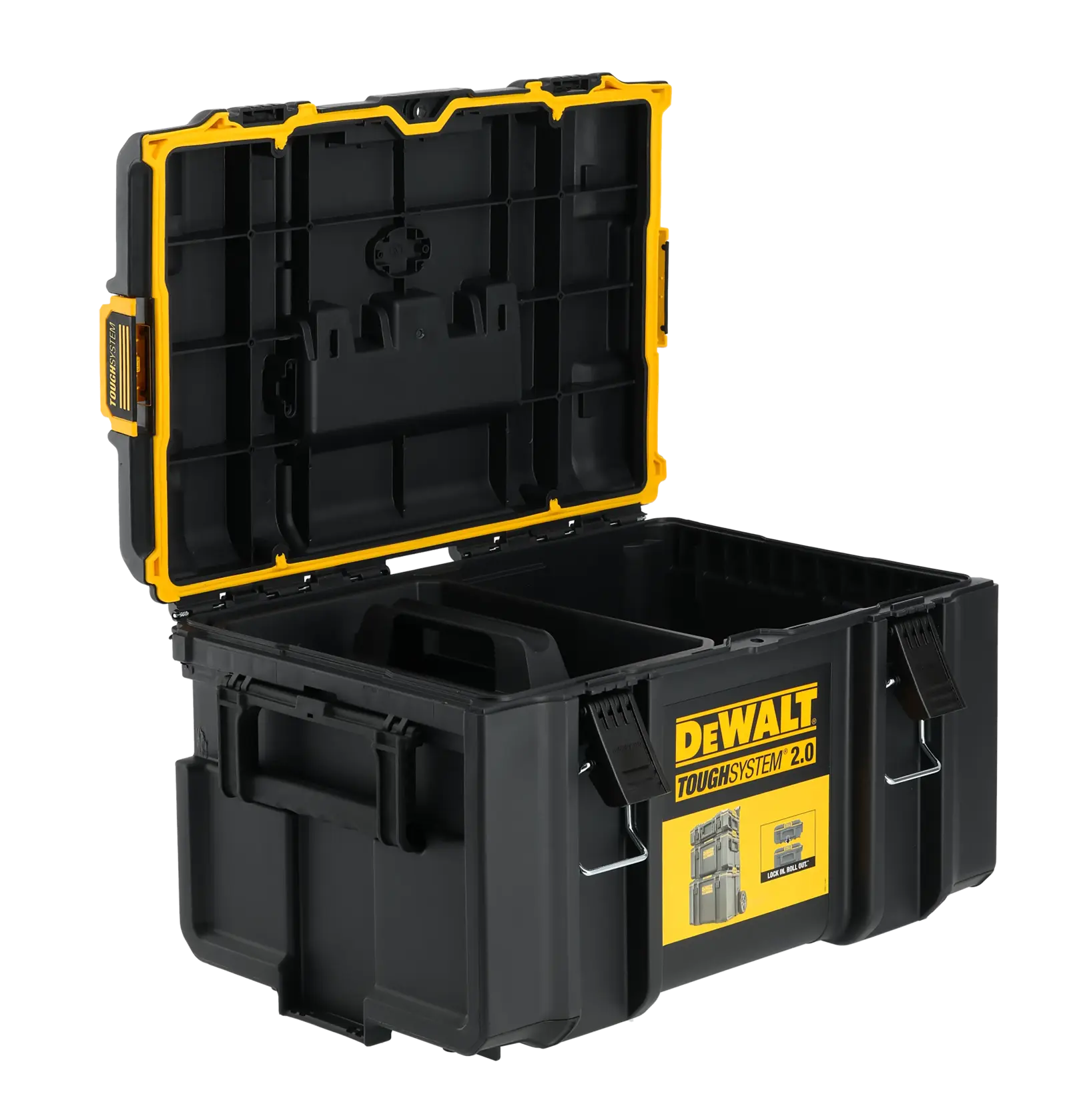 Caixa de ferramentas DEWALT ToughSystem 2.0 preta com tampa aberta e divisórias internas.