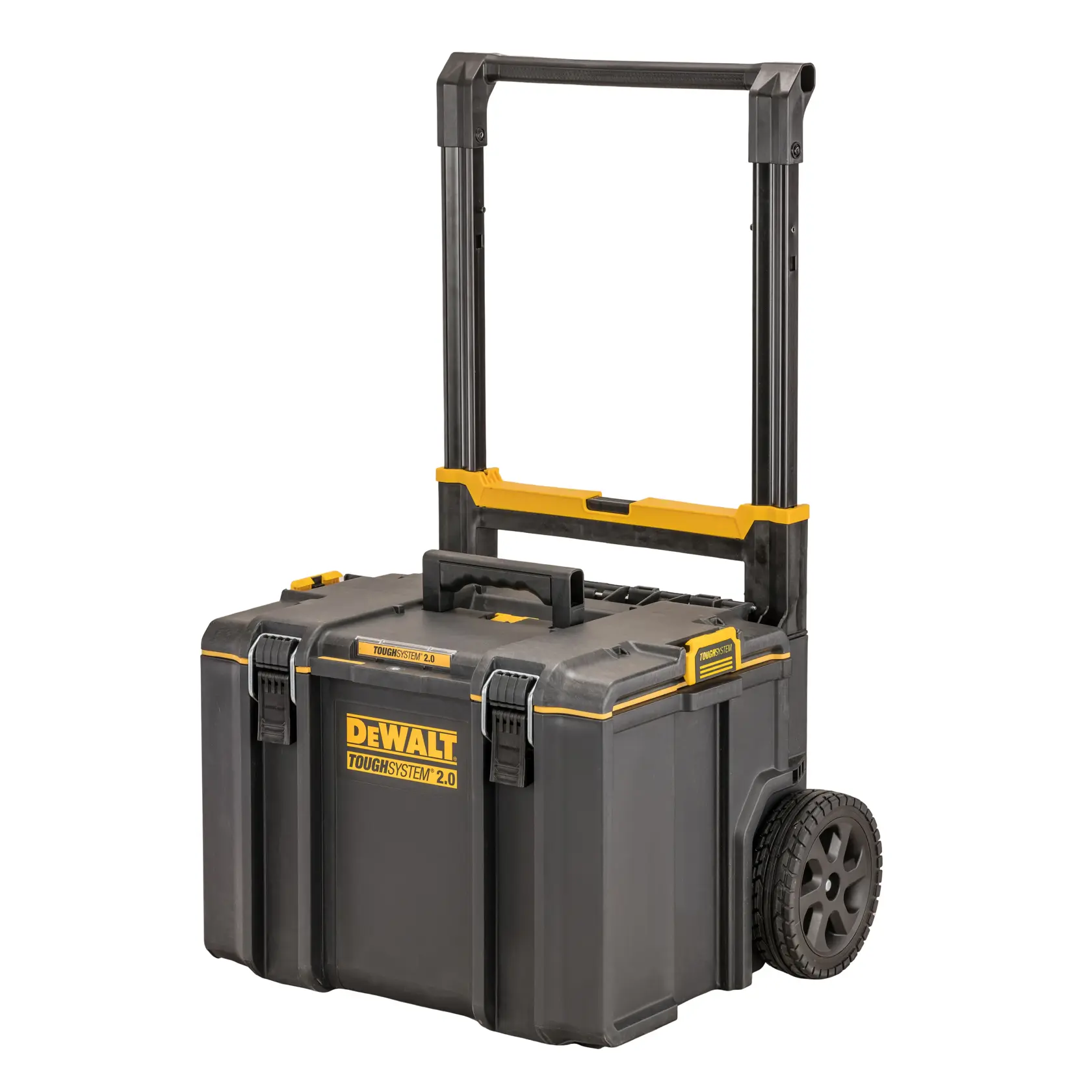 Caja DEWALT ToughSystem 2.0 con ruedas y asa, negra y amarilla, diseñada para almacenar y transportar herramientas.