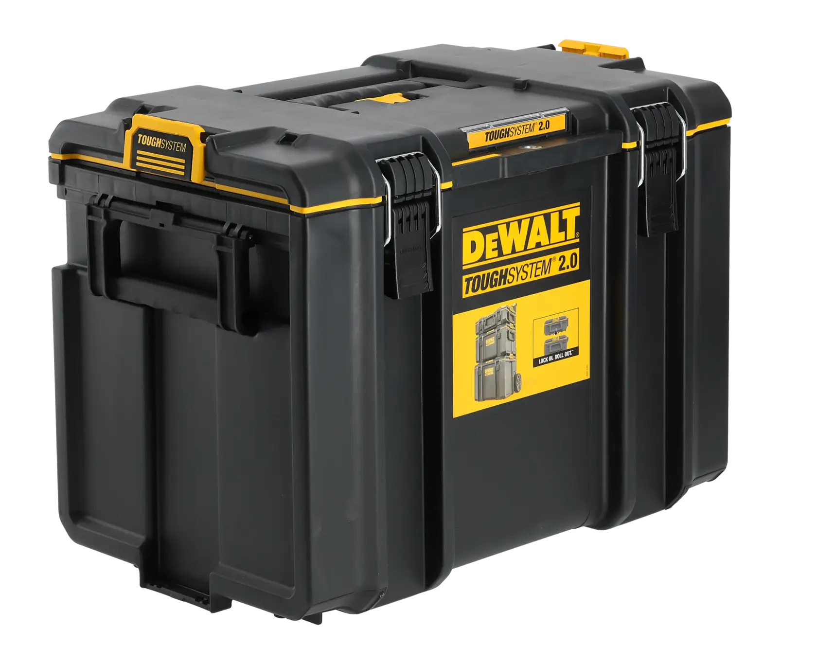 Caixa preta de armazenamento DEWALT ToughSystem 2.0 com destaques amarelos e fechos robustos.