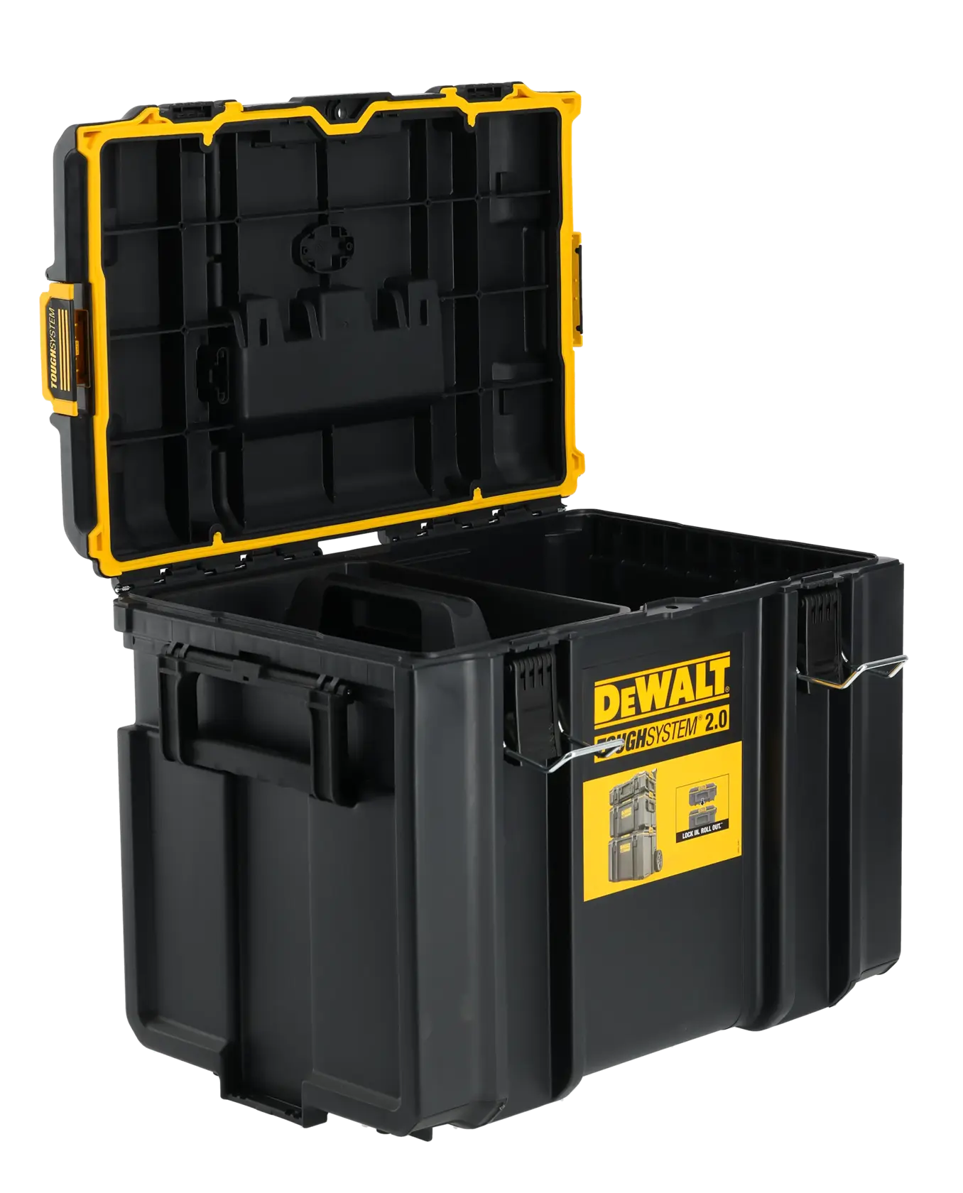 Caixa de ferramentas DEWALT preta com tampa aberta e detalhes amarelos, ToughSystem 2.0.