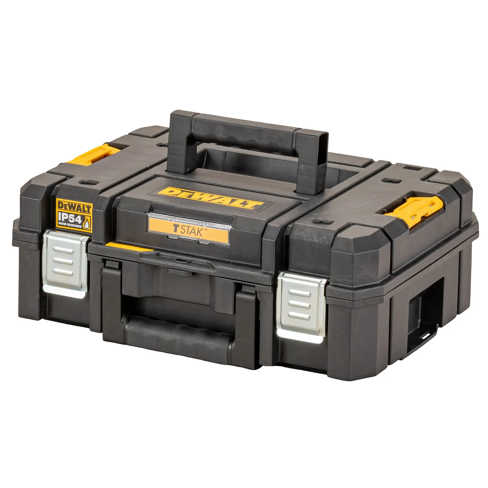 Um estojo de armazenamento DEWALT TSTAK preto e amarelo com uma alça robusta, travas de metal e resistência à água IP54 indicada, projetado para organização e transporte seguro de ferramentas.