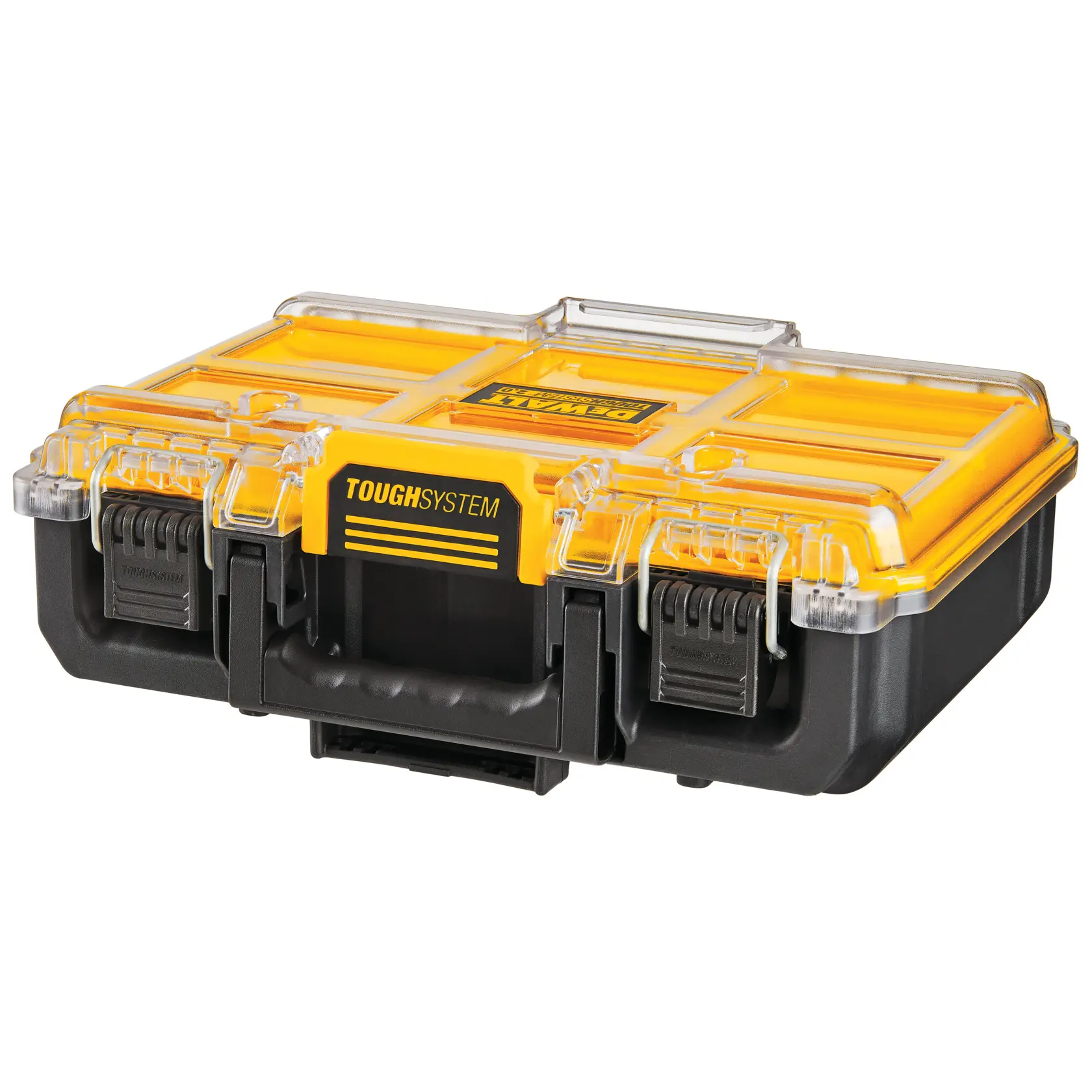 Uma caixa de ferramentas de plástico DEWALT ToughSystem com tampa transparente, detalhes em amarelo, base preta e fechos seguros, projetada para armazenamento e transporte duráveis de ferramentas.