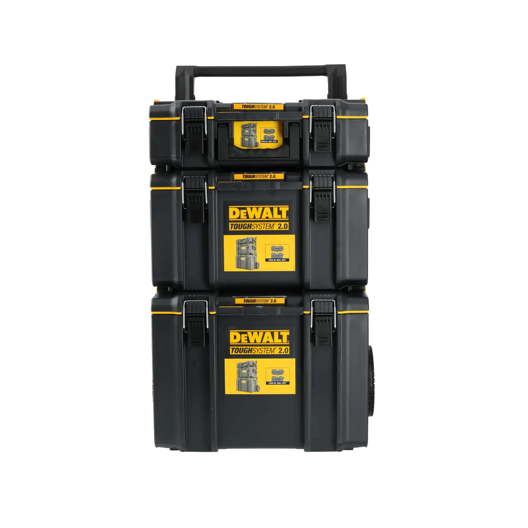 Caixas de armazenamento de ferramentas DEWALT ToughSystem 2.0 empilhadas, em preto e amarelo, com alças e fechos, apropriadas para organização e transporte de ferramentas pesadas.