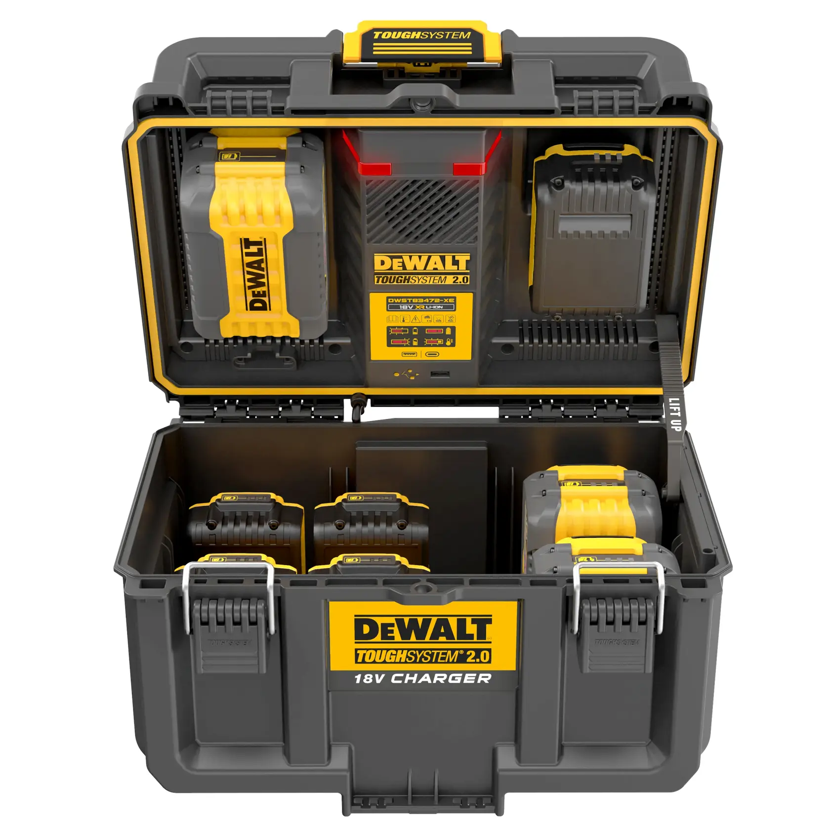 Estojo carregador DEWALT ToughSystem 2.0 com vários espaços para baterias e design amarelo-preto.