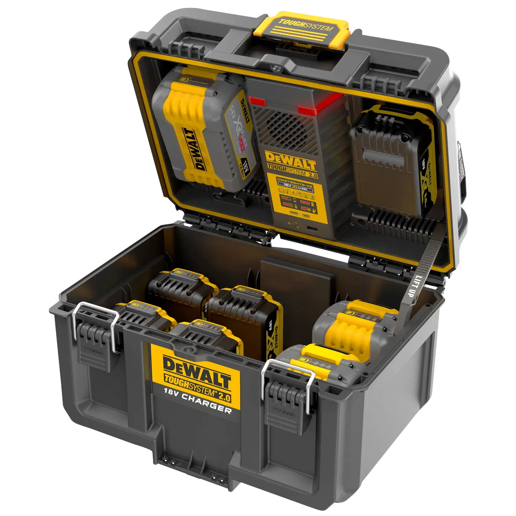 Caixa aberta DEWALT ToughSystem 2.0 com carregador 18V e várias baterias para armazenamento e carga.