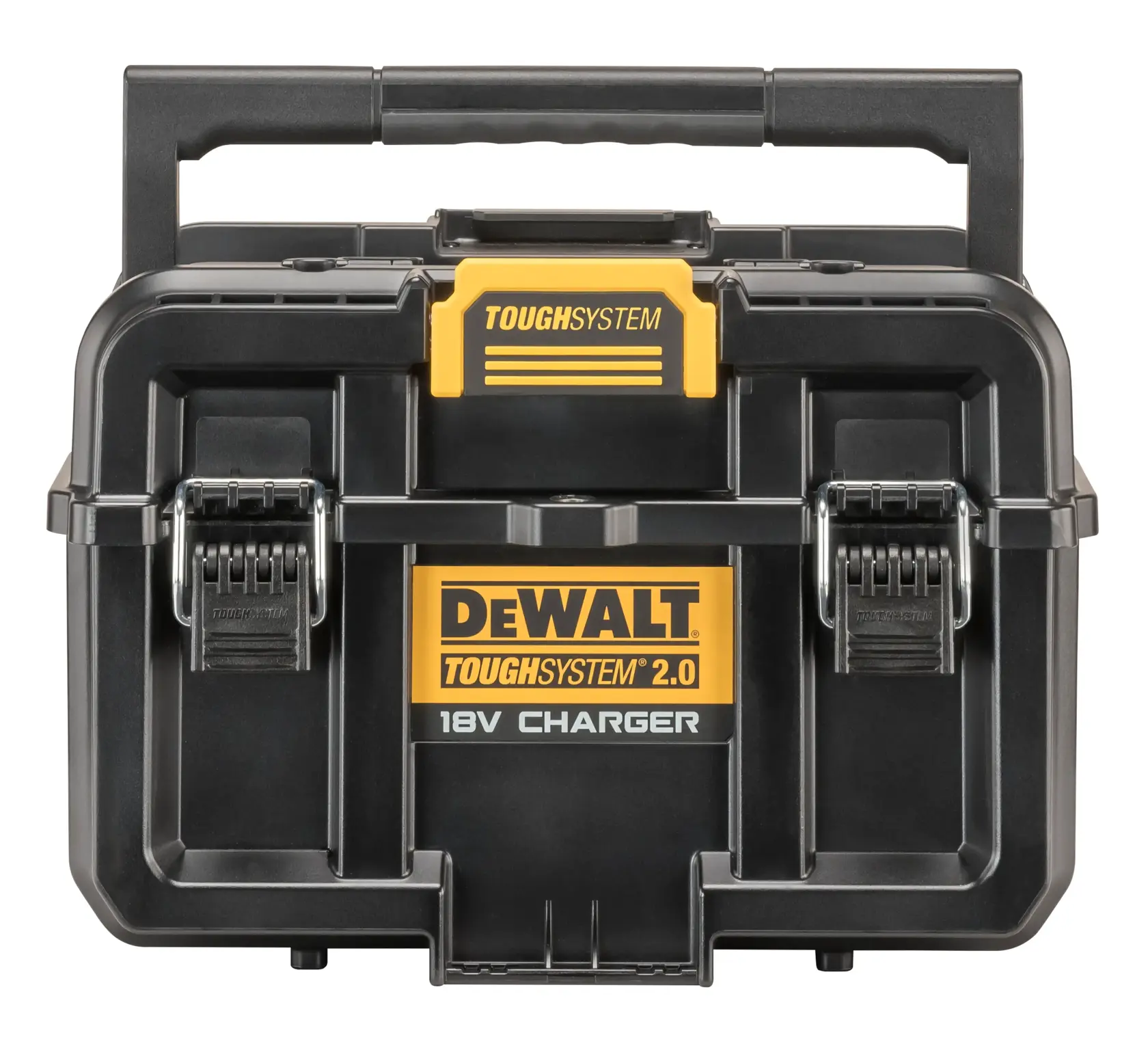 DEWALT ToughSystem 2.0 caixa preta com carregador 18V e alça resistente.