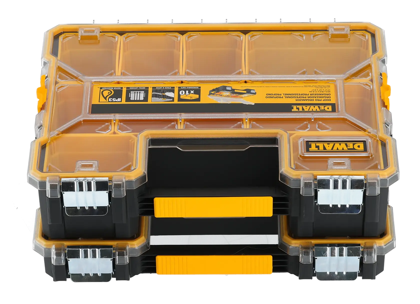 Caixas empilhadas DEWALT com tampas transparentes e alças amarelas para armazenamento de ferramentas.