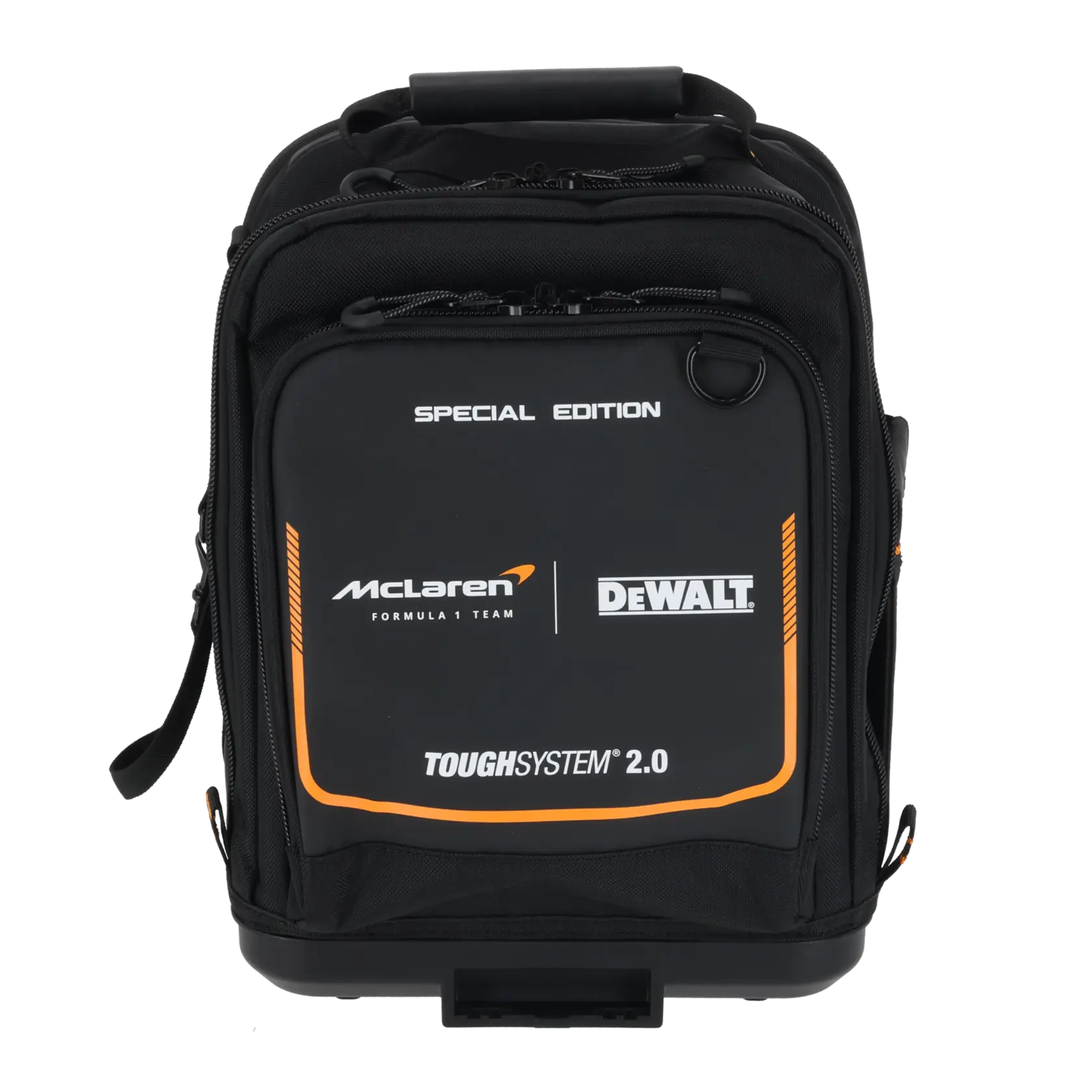 Mochila preta DEWALT ToughSystem 2.0 edição especial com logotipo McLaren, zíperes frontais e alça.