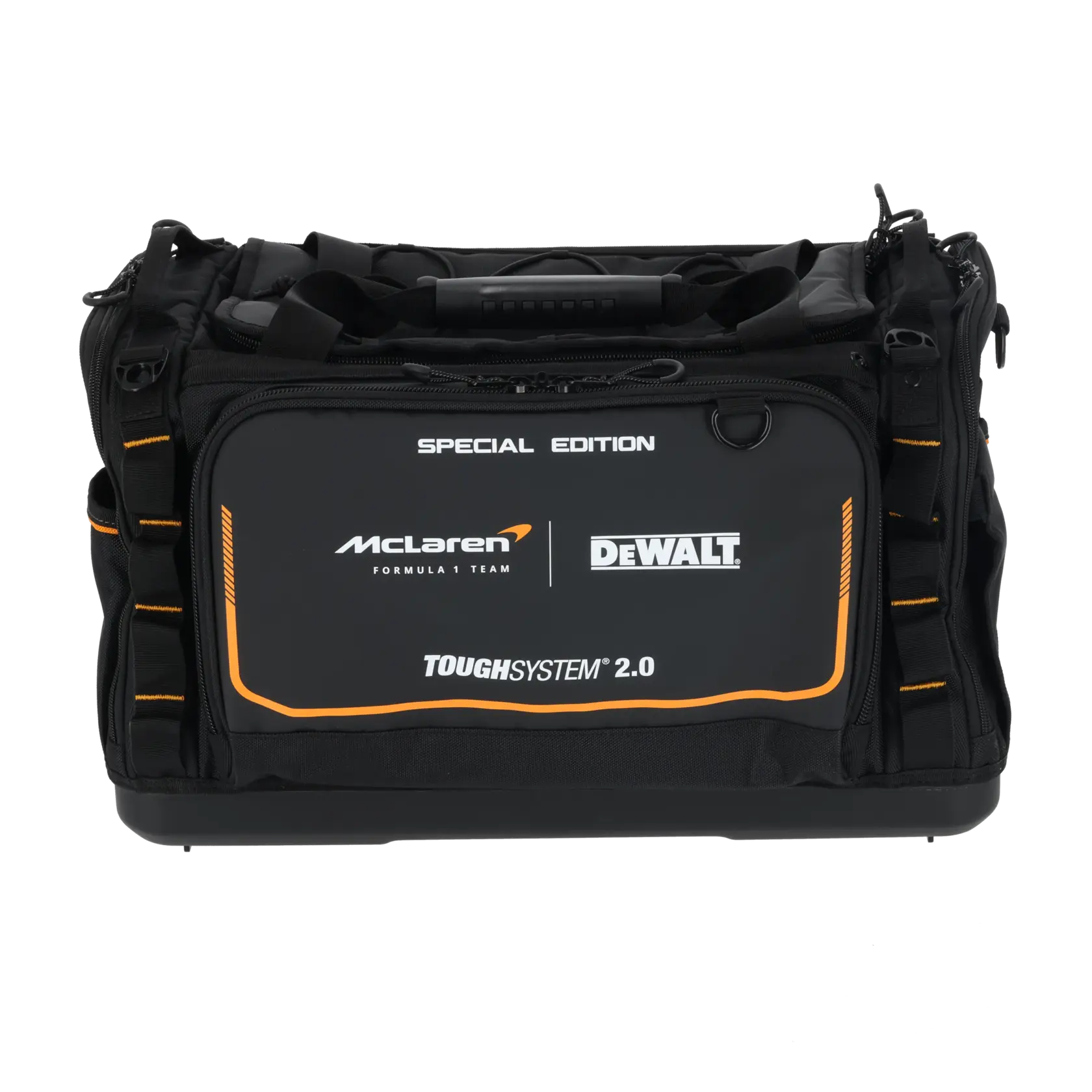 Bolsa para ferramentas preta DEWALT e McLaren, ToughSystem 2.0 Special Edition, com detalhes em laranja e alça.