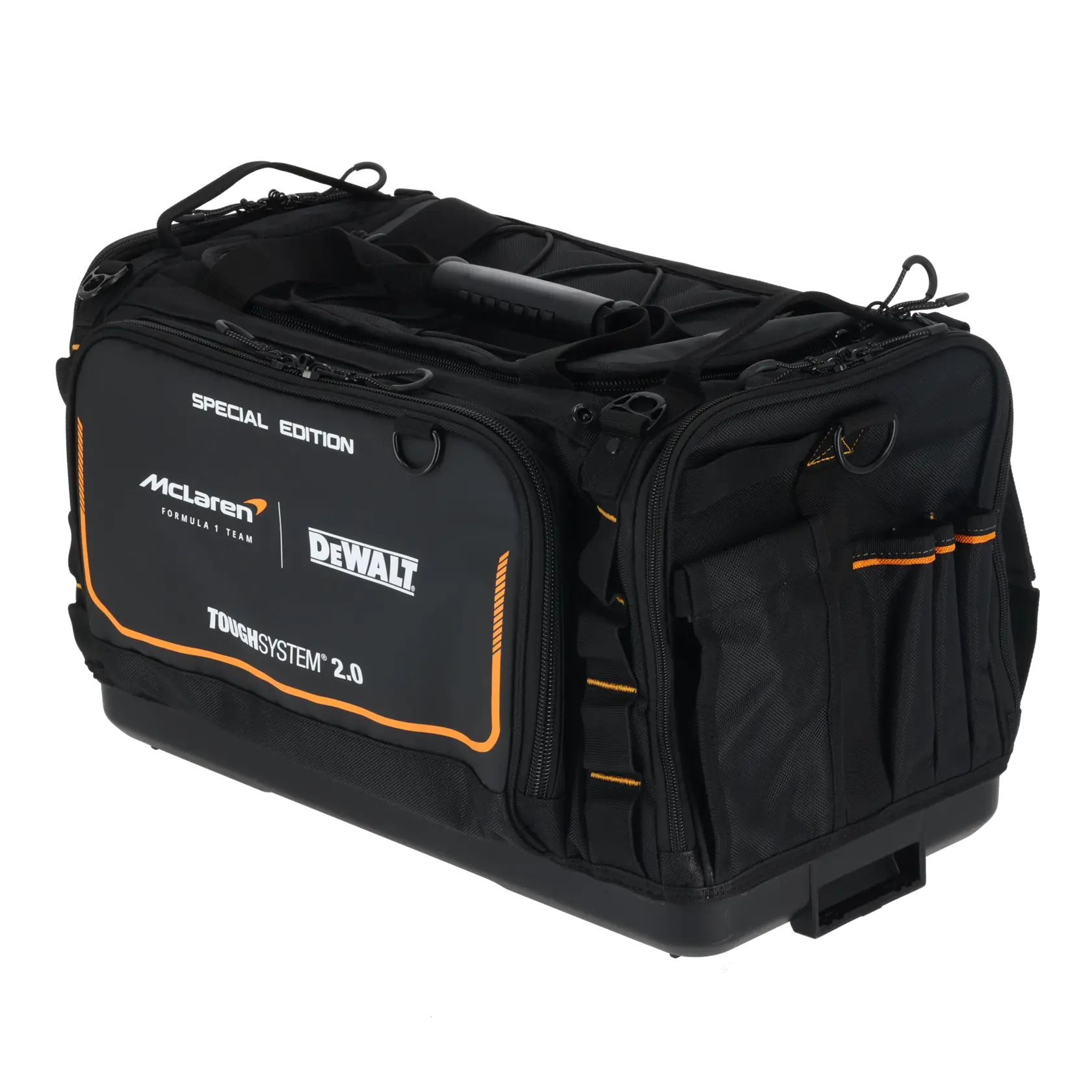 Gráfico promocional do DEWALT ToughSystem 2.0 com o slogan 'Storage Built to Handle It' em letras grandes e amarelas sobre um fundo escuro e texturizado.
