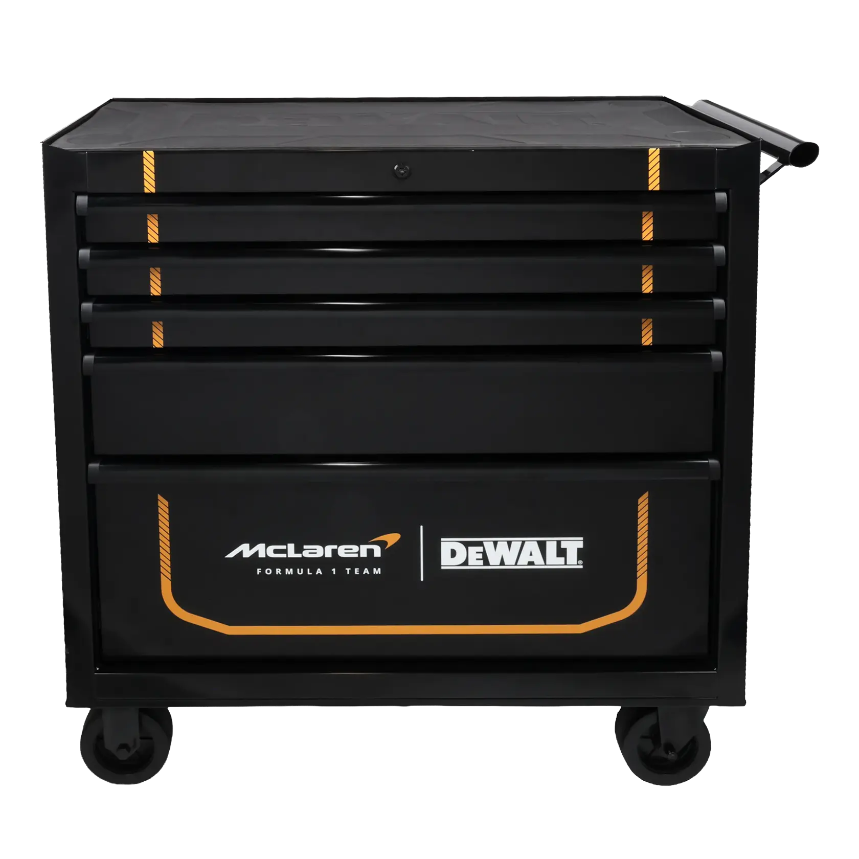 Baú de ferramentas DEWALT preto com rodas, marca McLaren e várias gavetas para armazenamento.