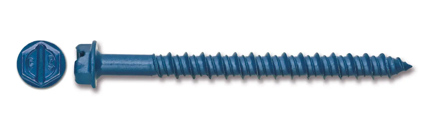 Tornillo azul para mampostería con cabeza hexagonal, vistas lateral y superior sobre fondo blanco.