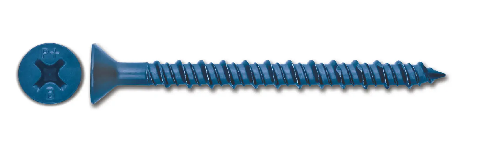 Tornillo azul DEWALT de cabeza plana y cruz, visto de perfil y en detalle sobre fondo blanco.