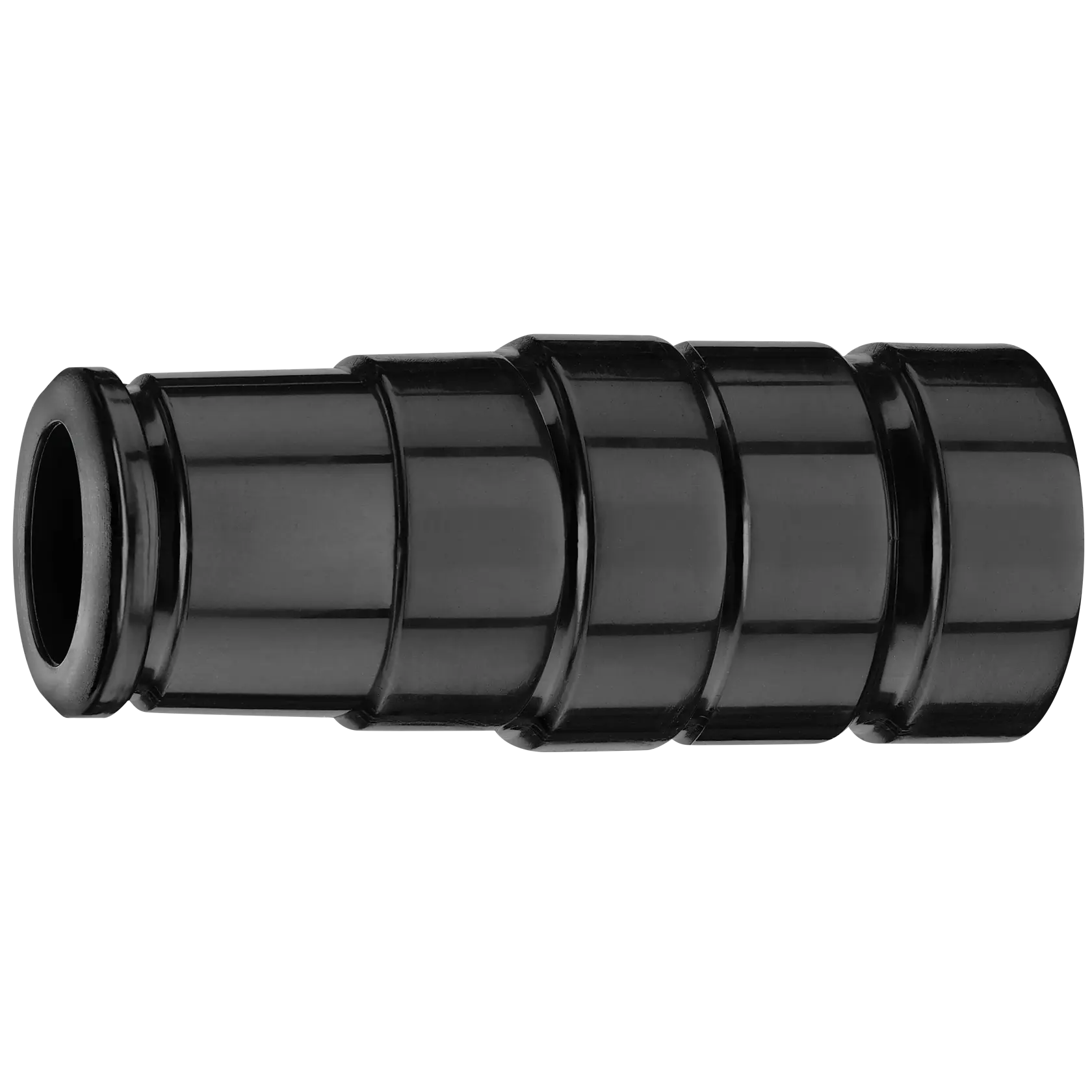 Imagem de close de um adaptador ou conector de plástico preto com ranhuras, normalmente usado para conectar mangueiras ou tubos em ambientes de oficina ou construção.