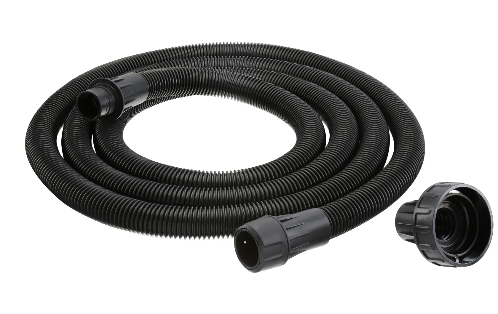 Mangueira de aspirador preta com superfície corrugada, enrolada, com conectores plásticos rosqueados nas duas extremidades, projetada para extratores de pó DEWALT.