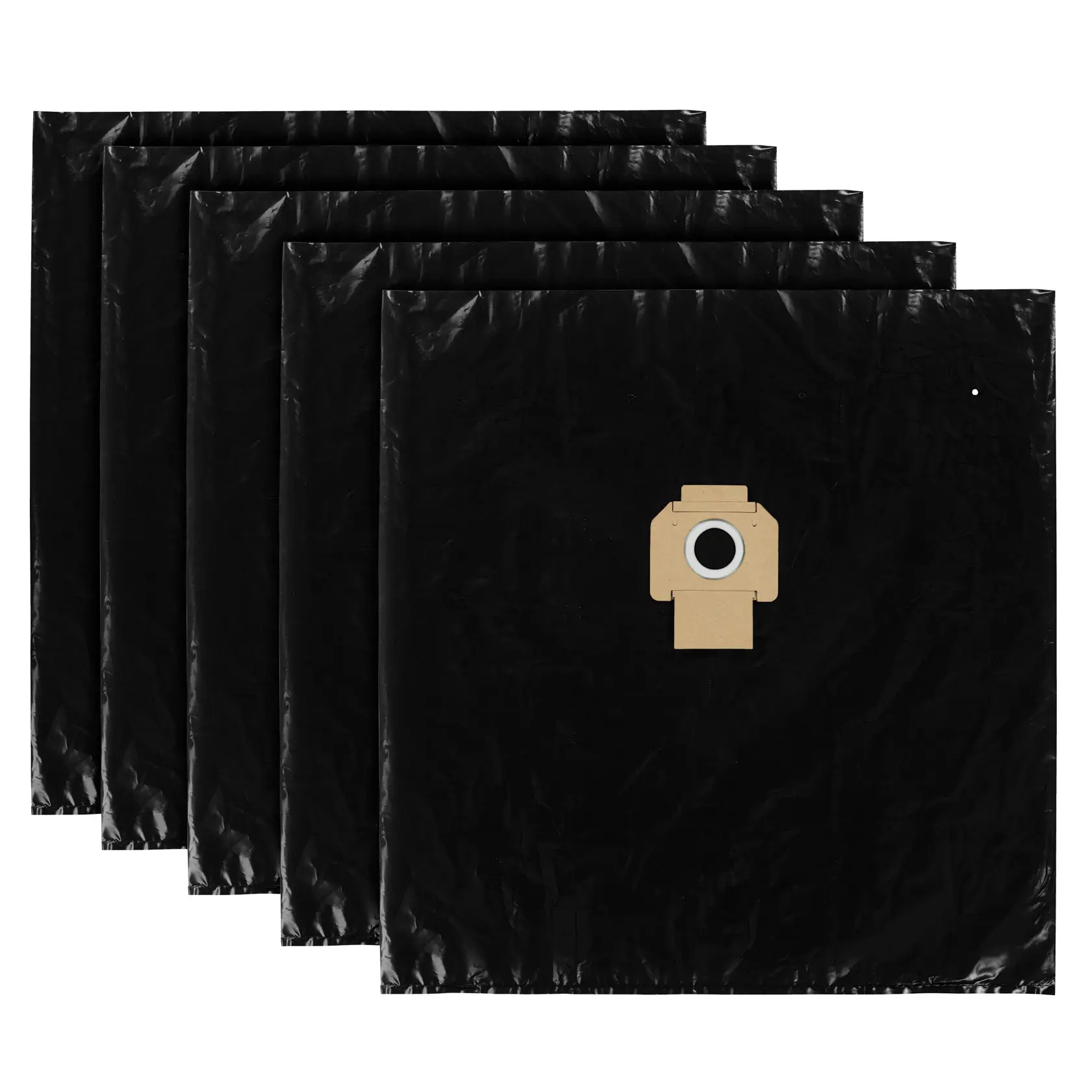 Conjunto de cinco sacos de pó pretos para aspirador, cada um com colarinho de cartão e borracha para fixação.