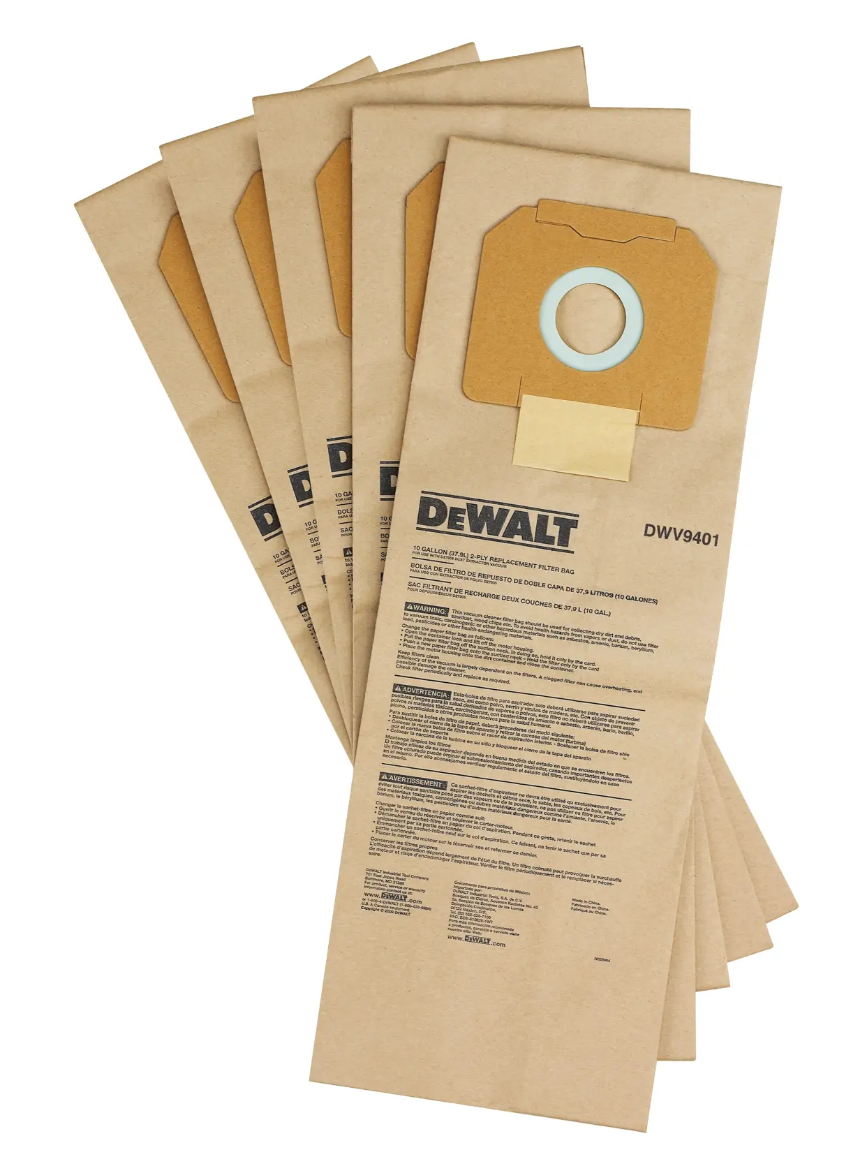 Conjunto de cinco sacos de filtro de substituição DEWALT DWV9401 feitos de papel pardo, dispostos em leque. Cada saco possui informações do produto e um colarinho de papelão com abertura circular.