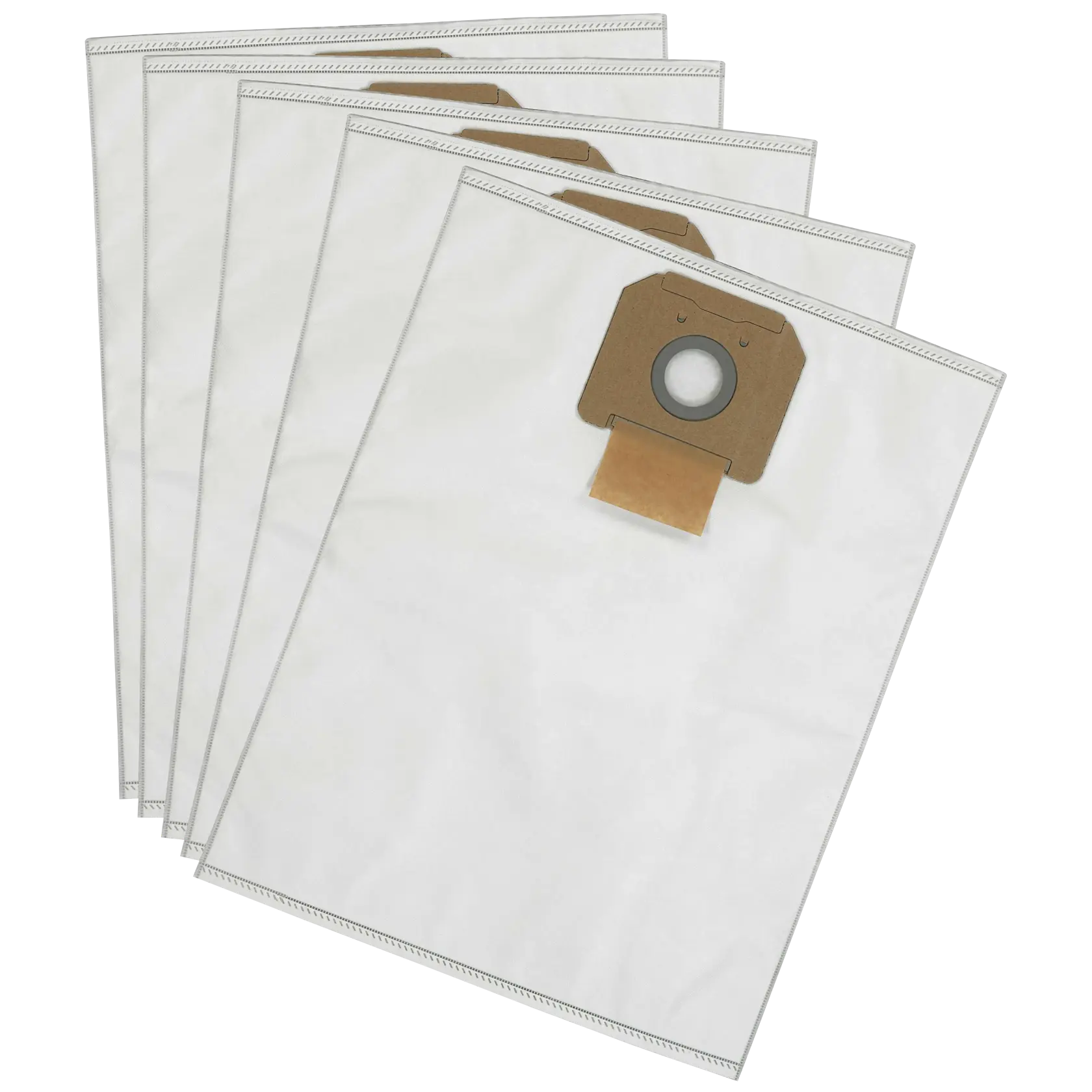 Conjunto de cinco sacos de pó DEWALT para aspiradores, sobrepostos e feitos de material branco.
