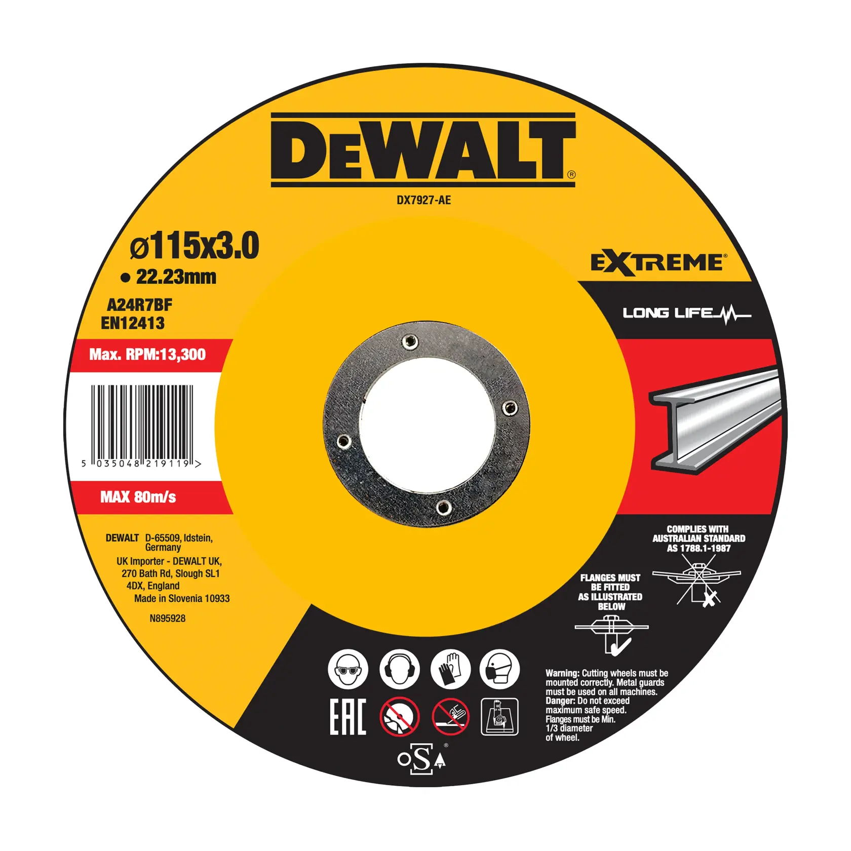 Um disco de corte abrasivo da marca DEWALT, modelo DX7927-AE, com diâmetro de 115mm, espessura de 3,0mm e furo de 22,23mm. O disco possui as etiquetas 'Extreme' e 'Long Life', apresenta ícones de segurança e instruções, código de barras, além de texto indicando conformidade com normas e limites máximos de velocidade. Projetado para cortar metal e tem embalagem amarela e preta.
