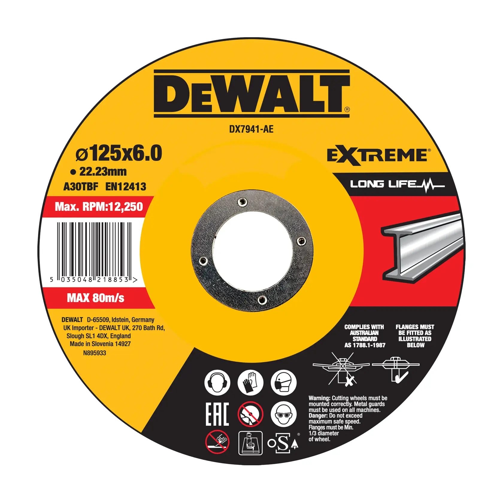 Disco de corte DEWALT DX7941-AE Extreme para metal, tamanho 125x6,0mm, furo de 22,23mm. O disco exibe ícones de segurança para equipamentos de proteção individual necessários e instruções de uso. O rótulo especifica RPM máximo de 12.250 e velocidade máxima de 80m/s. Indica 'Long Life', inclui código de barras, avisos de uso e mostra a montagem adequada das flanges para operação segura.
