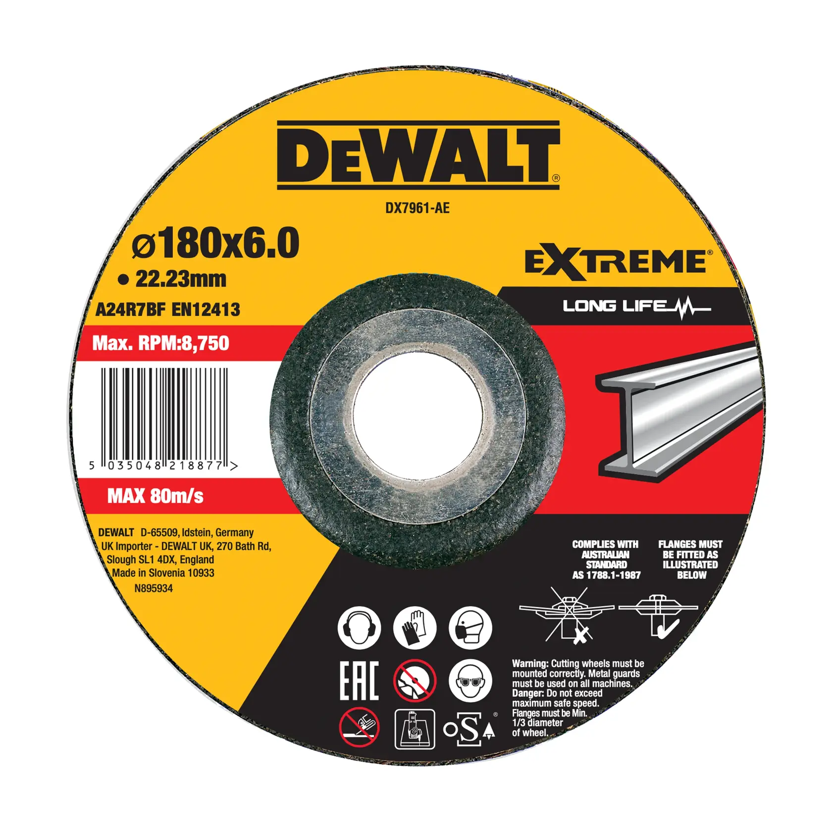 Disco de corte DEWALT DX7961-AE para metal, diâmetro de 180 mm, espessura de 6,0 mm, furo de 22,23 mm. O disco está etiquetado como 'Extreme Long Life', com RPM máximo de 8.750 e velocidade máxima de 80 m/s. O disco é preto e amarelo, com ícones de segurança e código de barras. Adequado para uso em metal e em conformidade com o padrão australiano AS 1788.1-1987.