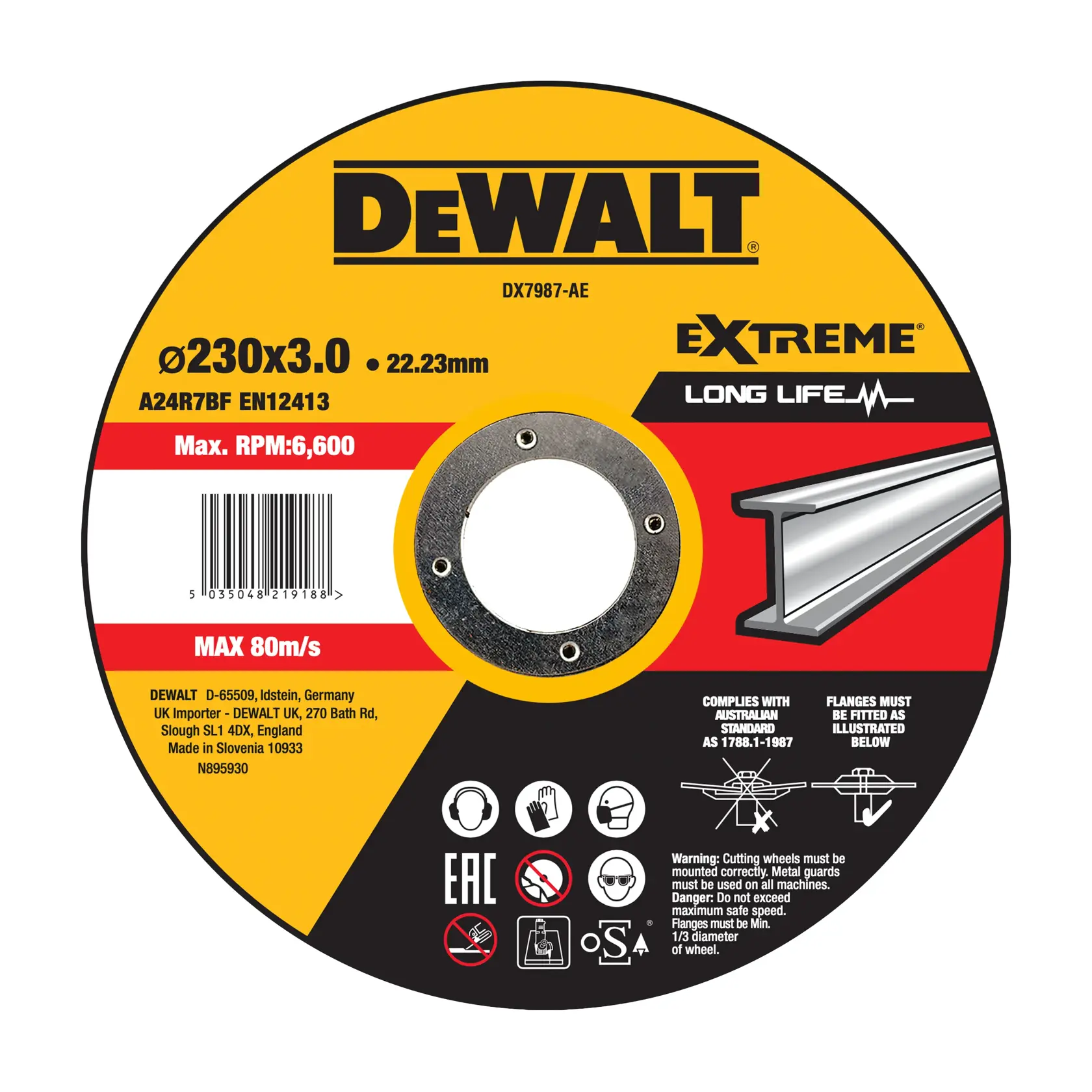 Disco de corte para metal DEWALT DX7987-AE Extreme Long Life com diâmetro de 230mm, espessura de 3,0mm e furo de 22,23mm. O rótulo inclui RPM máximo de 6.600, velocidade máxima de 80 m/s e conformidade com o padrão EN12413. O design apresenta ícones de segurança, instruções de uso e um código de barras.