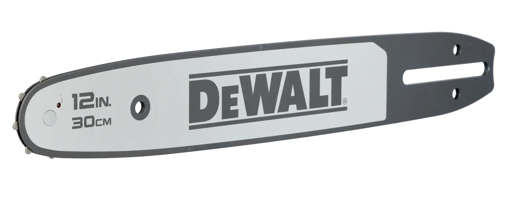 Barra guía de motosierra DEWALT 12 pulgadas (30cm) con logo sobre fondo blanco.