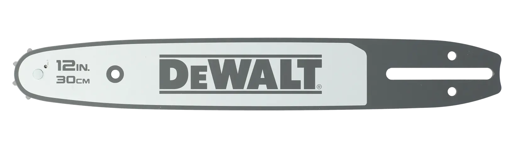 Espada de motosierra DEWALT 12 pulgadas (30 cm), gris, sobre fondo blanco.