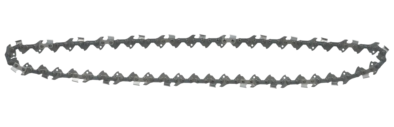 Cadena de motosierra DEWALT, forma ovalada y dientes metálicos afilados para cortar madera.