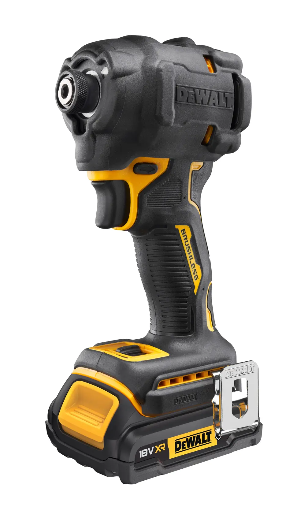 Parafusadeira de impacto DEWALT 18V XR sem fio, preta e amarela, com pega ergonômica e clip metálico.