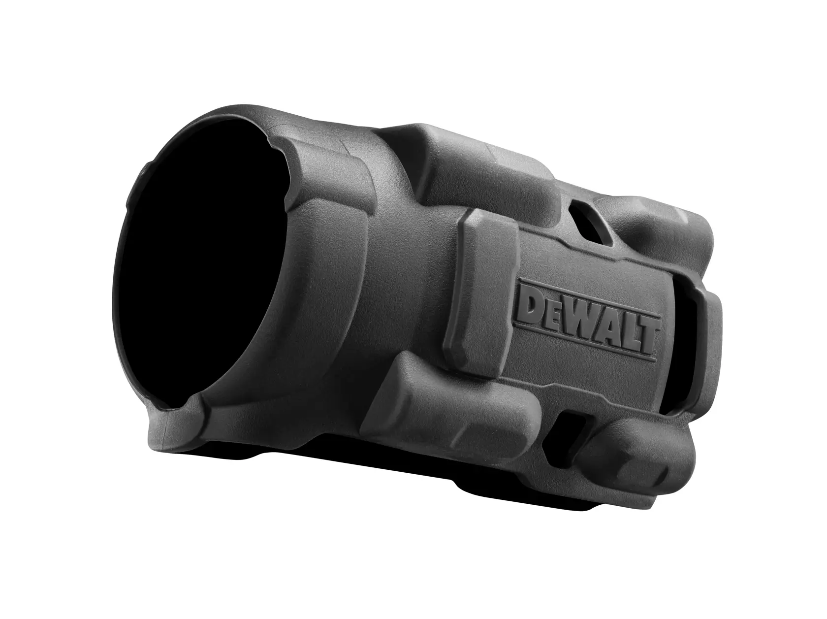 Cubierta protectora negra DEWALT para lente de cámara con diseño robusto, vista en ángulo.