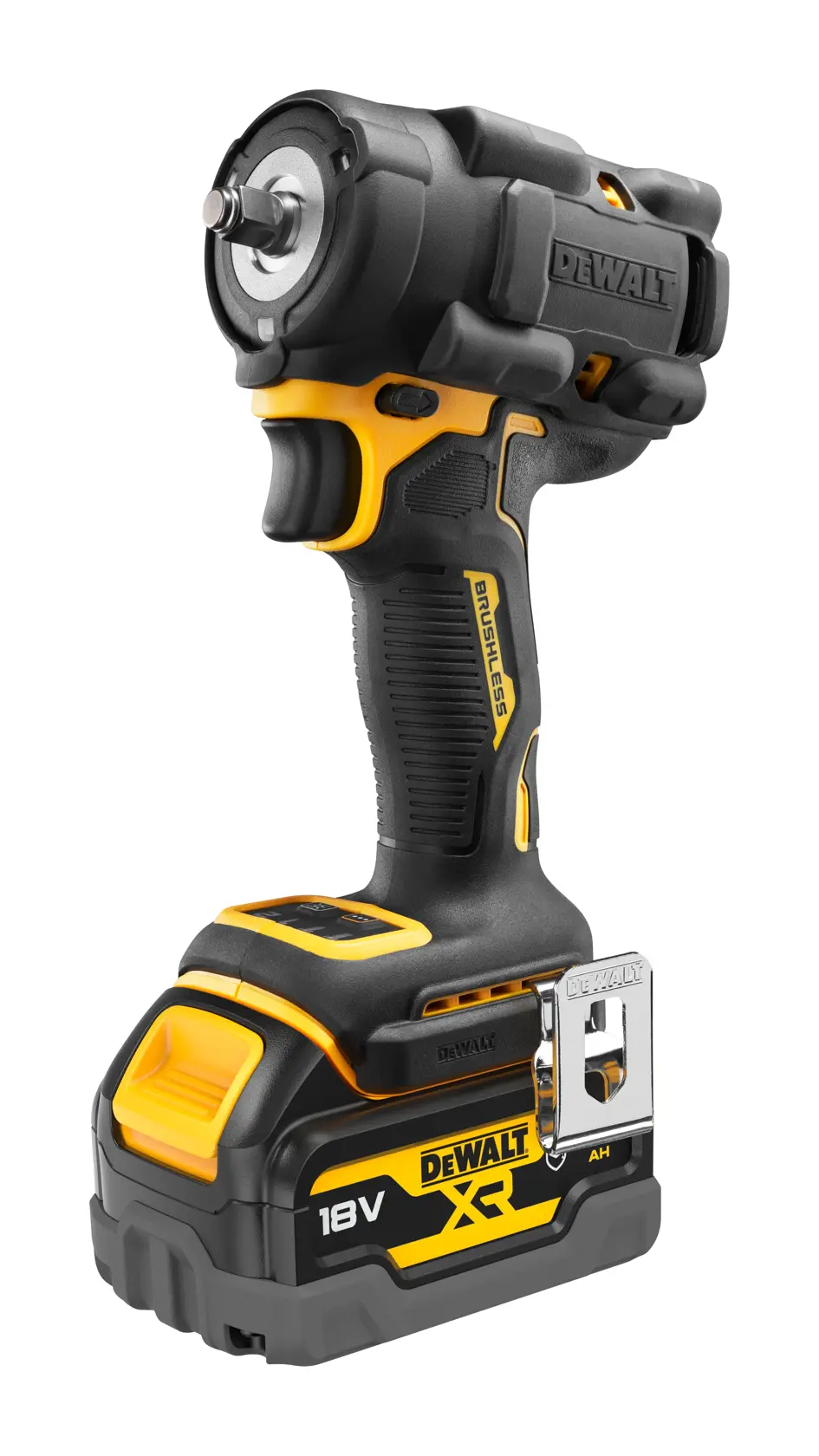 Llave de impacto inalámbrica DEWALT 18V, motor brushless, negra y amarilla, batería incluida.